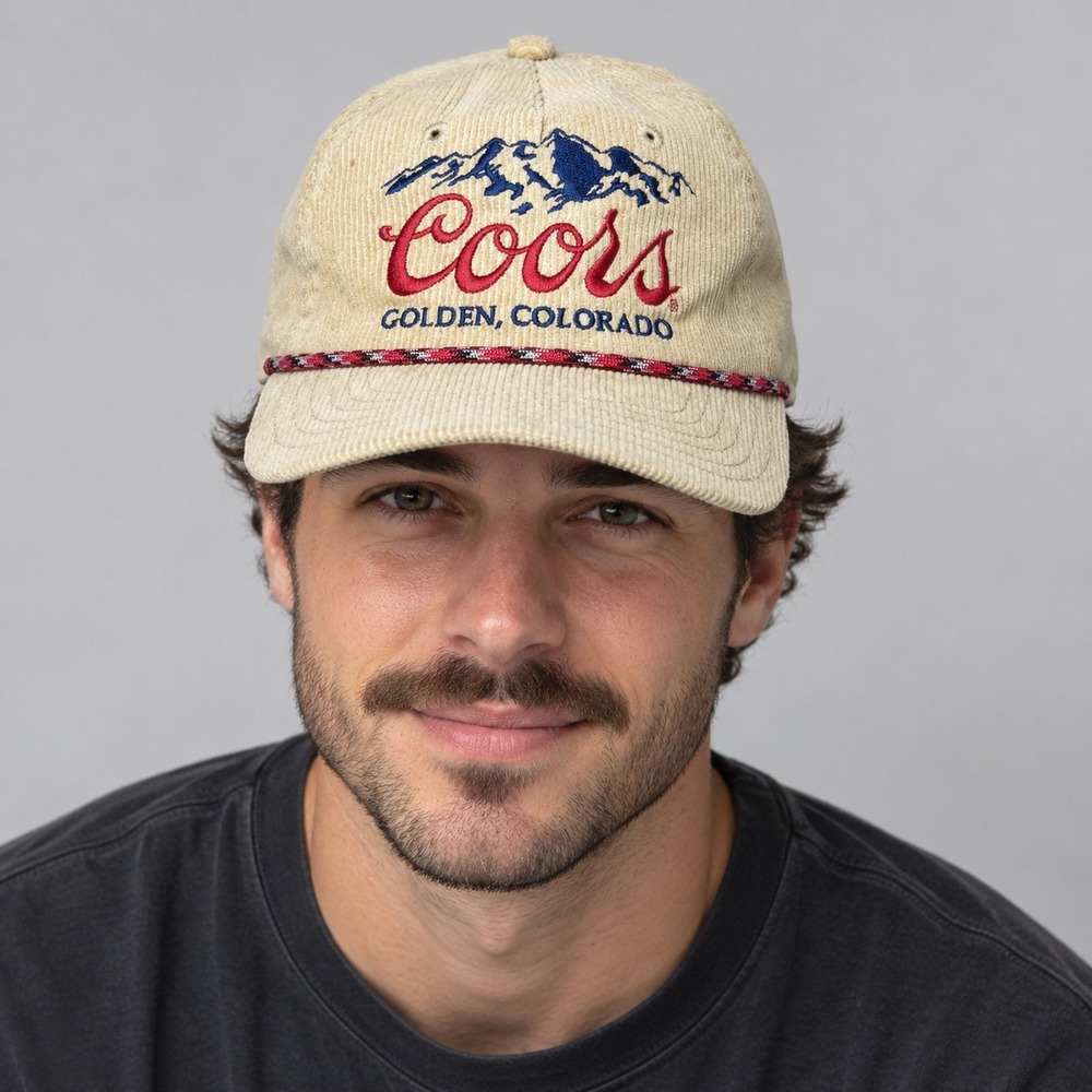Coors Banquet Beer Hat Mens OSFA Tan Corduroy Snapback Golden Colorado Rope Cap